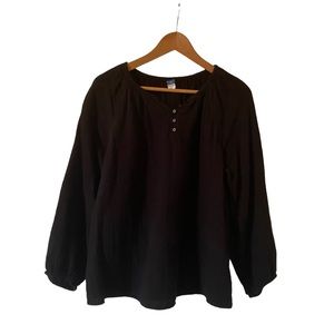 Black Cotton Blouse Medium Old Navy Button Collar Oversized Top Boho Casual